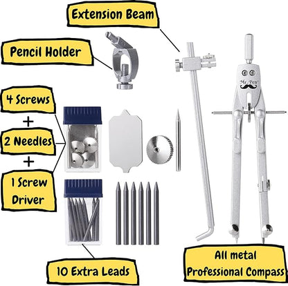 Mr. Pen- Professional Metal Compass with Wheel, Lock and Extension Bar for Geometry, Drafting, Math, Drawing, Compass for Geometry, Tool for Drawing Circles, Drawing Compass, Compass Drawing Tool