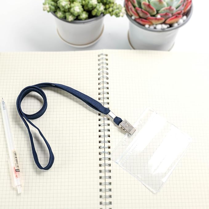 100Pcs Clear Plastic Horizontal Name Tags Badge ID Card Holders and 100Pcs Lanyards with Clip (Navy Blue)