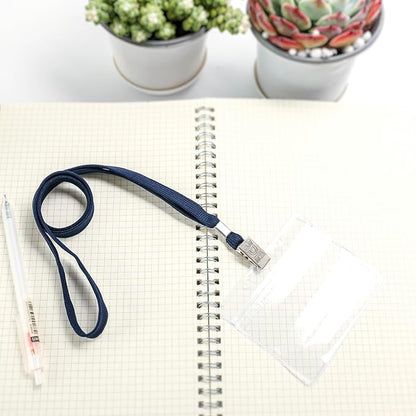 100Pcs Clear Plastic Horizontal Name Tags Badge ID Card Holders and 100Pcs Lanyards with Clip (Navy Blue)