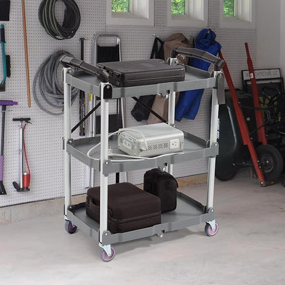 ELEVON Portable Folding Collapsible Service Cart Foldable Service Cart 3 Tier Collapsible Push Cart Folding Utility Carts with Wheels for Office Warehouse Home, Black