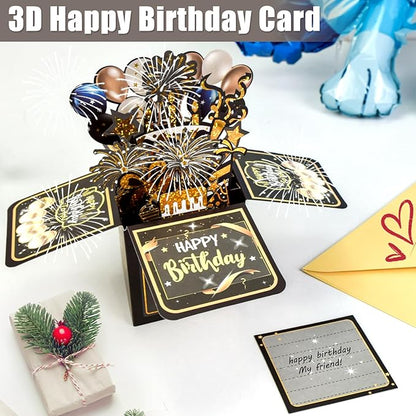 Surprise Pop Up Happy Birthday Cards, Lovely 3D Birthday Card for Adults and Kids with Envelopes, Unique Design Handmade Foldable Greeting Cards for Daughter, Son, Mom, Dad, Friend（Black）
