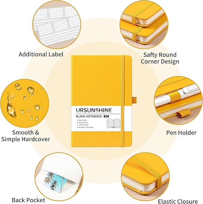 Blank Journal/Notebook - Classic Notebook/Journal with Ribbon Divider, Hardcover with Thick Paper, 5.3'' x 8.26'', Banded + Pen Holder +Inner Pocket - Yellow