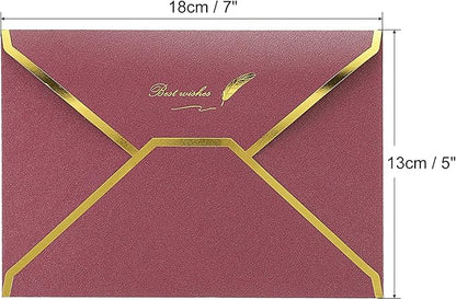 PATIKIL V Flap Envelopes, 10 Pack 7 x 5'' Luxury Style Gold Border Greeting Card Envelope for Invitations Weddings, Wine Red