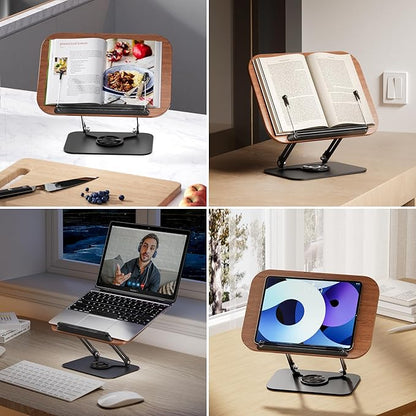 Book Stand for Reading, Adjustable Book Holder with 360° Rotating Bases, Foldable Designs, and Elastic Clips, Multifunctional Display Stand for Recipe, Cookbooks, Magazines, Tablets, Laptops