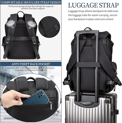 Black backpack men,16 inch laptop backpack for men, drawstring anti-theft waterproof tech backpack with laptop compartment. Large 30 L