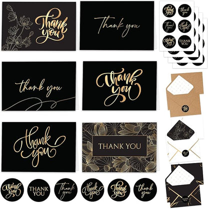 Decorably 24 Pack Gold-Foiled 6x4in Black and Gold Thank You Cards with Envelopes & Stickers, 6 Elegant Designs Black Thank You Cards, Blank Inside - Birthday, Wedding, Anniversary