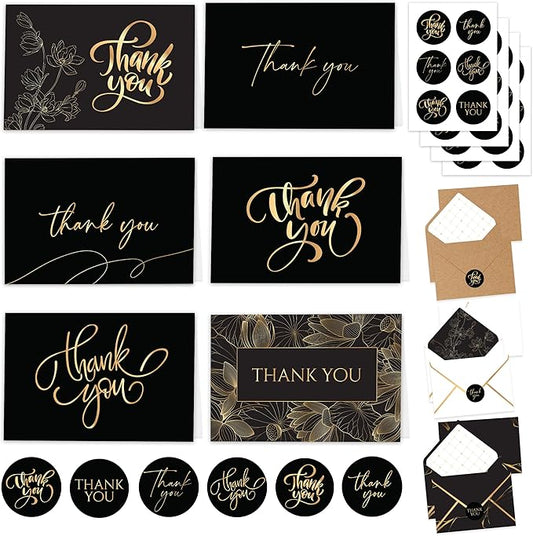 Decorably 24 Pack Gold-Foiled 6x4in Black and Gold Thank You Cards with Envelopes & Stickers, 6 Elegant Designs Black Thank You Cards, Blank Inside - Birthday, Wedding, Anniversary