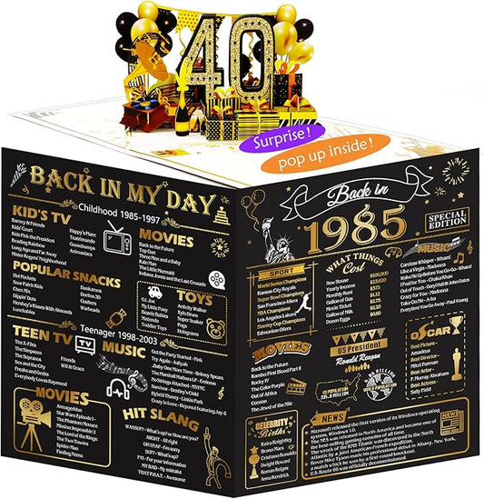 40th Birthday Card for Men Women, 3D Pop Up 40th Birthday Gifts Cards for Him Her, Back In 1985 Funny 40 Year Old Birthday Decorations