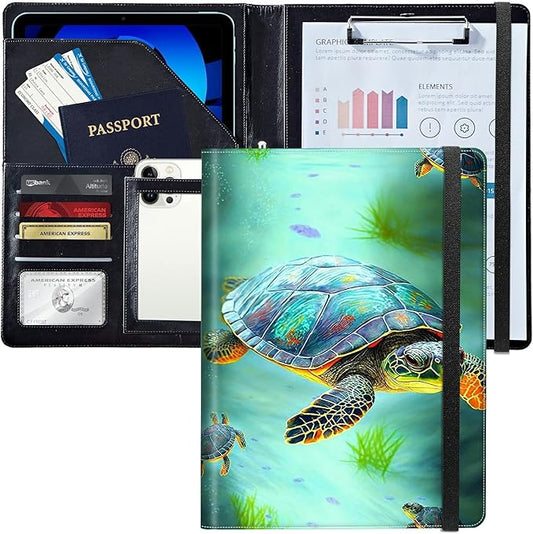 PU Leather Padfolio Folder Clipboard Portfolios Organizer Conference Document Organizer with Business Card Holder Storage Clipboard Writing Pad,Sea Turtles