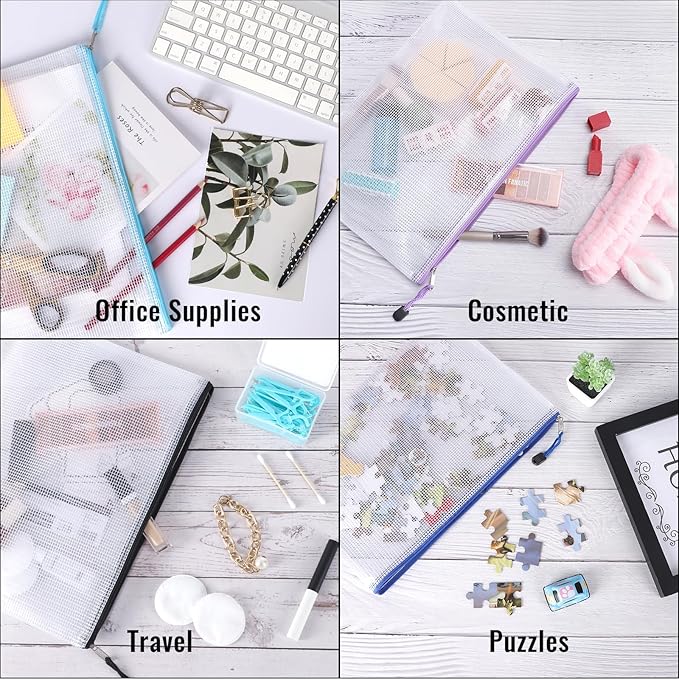 EOOUT 32pcs Mesh Zipper Pouch Bags, Mesh Bags with Zipper, Zipper Pouch for Organizing, Letter Size, A4 Size, for Office Supplies, Puzzles