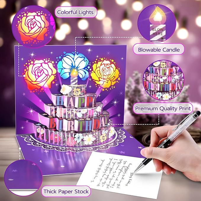 Birthday Cards Birthday Gifts for Women Flowers Fireworks Pop Up Cake Light and Music Happy Birthday Card