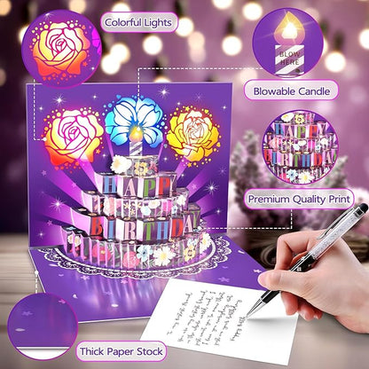 Birthday Cards Birthday Gifts for Women Flowers Fireworks Pop Up Cake Light and Music Happy Birthday Card