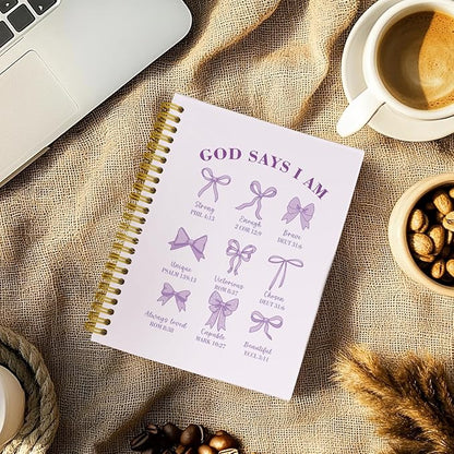 Coquette Purple Bows Bible Notebook,Aesthetic Composition Notebook, God Says I Am Christian Scripture Prayer Journal for Women, Hardcover Spiral Notebooks College Ruled 5.5 x 8.3 （Purple