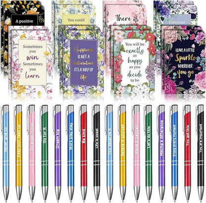 Funrous 32 Pcs Motivational Quote Pens Inspirational Notepads Mini Journal with Ballpoint Pen Small Notebooks Gift Set for Men Women Coworkers, Adult Party Favors Prizes Gift Bulk(Motivational)