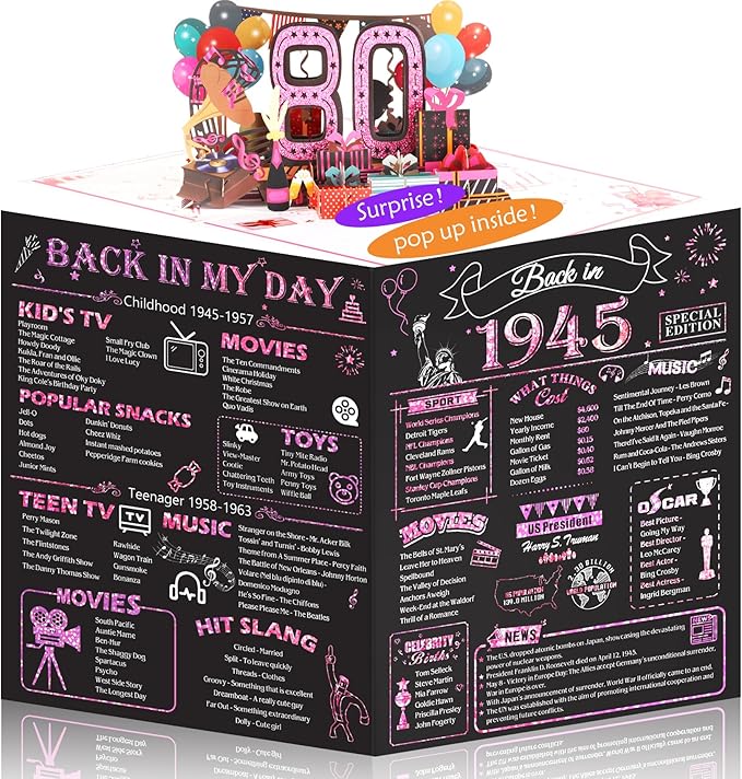 80th Birthday Card for Women, Jumbo 3D Pop Up 80th Birthday Gifts for Mom Grandma, Back In 1945 Happy 80 Year Old Sister Birthday Decorations Cards Card for Her, Rose Gold