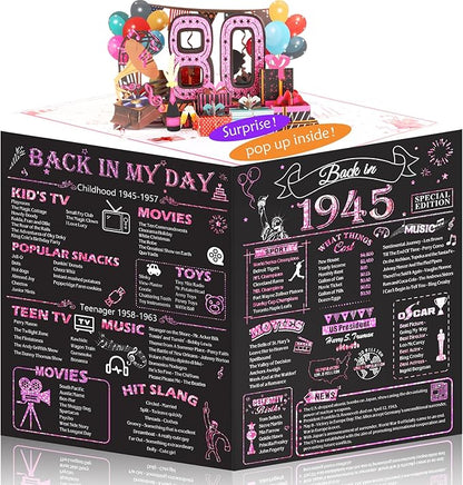 80th Birthday Card for Women, Jumbo 3D Pop Up 80th Birthday Gifts for Mom Grandma, Back In 1945 Happy 80 Year Old Sister Birthday Decorations Cards Card for Her, Rose Gold