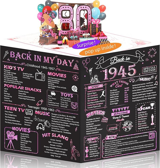 80th Birthday Card for Women, Jumbo 3D Pop Up 80th Birthday Gifts for Mom Grandma, Back In 1945 Happy 80 Year Old Sister Birthday Decorations Cards Card for Her, Rose Gold
