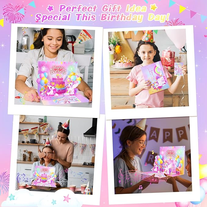 Pop Up Birthday Card with Light & Music, Unicorn 3D Birthday Card, Fireworks Greeting Card for Women Kids Girls Daughter, 3D Cake Greeting Crad with Necklace