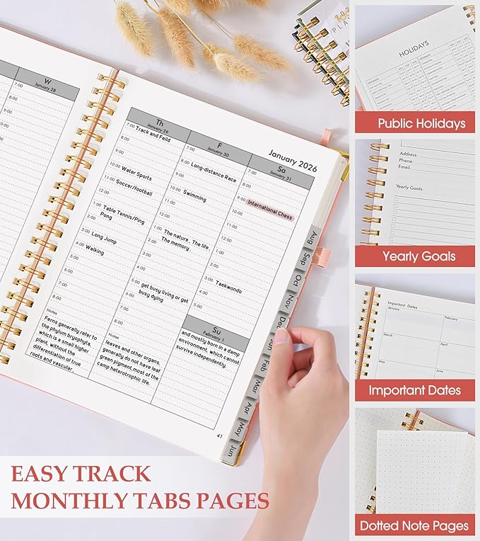 2026 Planner, Weekly and Monthly Calendar Planner from January 2026 - December 2026, 5.75" x 8.38" Hardcover Leather Hourly Appointment Book with Tabs, A5 Spiral Daily Planners for College School Work Home, Pink