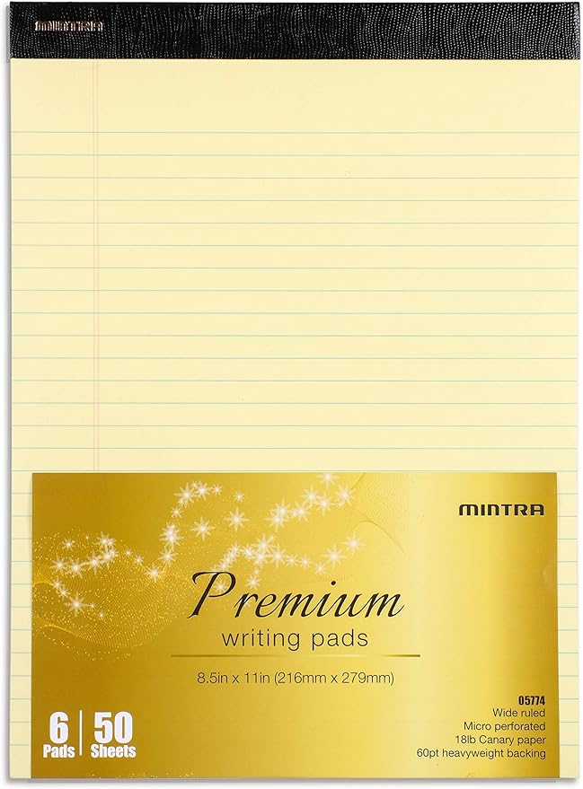 Mintra Office Legal Pads, ((xPremium, 8.5in x 11in, Wide (Canary), 36pk (6-6pks)), Wide Ruled, 50 Sheets per Notepad, Micro perforated Writing Pad, Notebook Paper for School, College, Office, Work