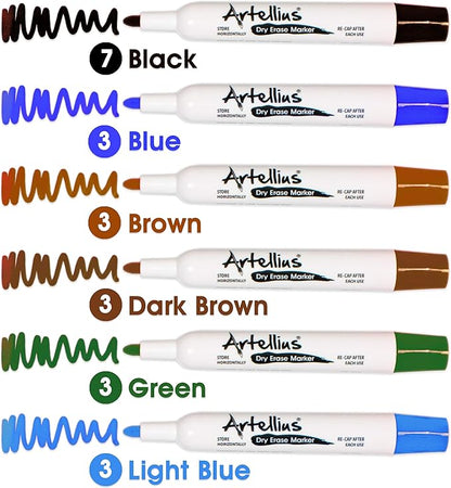 Artellius 40 Pack of Dry Erase Markers (12 ASSORTED COLORS W/ 7 EXTRA BLACK) - Thick Barrel Design - Perfect Pens For Writing on Whiteboards, Dry-Erase Boards, Mirrors, & All White Board Surfaces