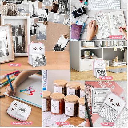 Mini Pocket Printers, Portable Thermal Printer, Sticker Printer with 10 Rolls Paper, Mini Printer for Study Note,Journal, Memo, Label Printer Compatible with Android & iOS