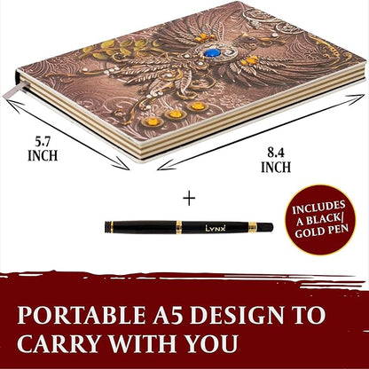 DND Notebook / Journal, Unique 200 Page Book with 3D Pink Phoenix Embossed Faux Leather Cover with Pen- Ideal for Dungeons & Dragons / D&D. Great RPG Accessories Gift for DM's & Players, Men or Women