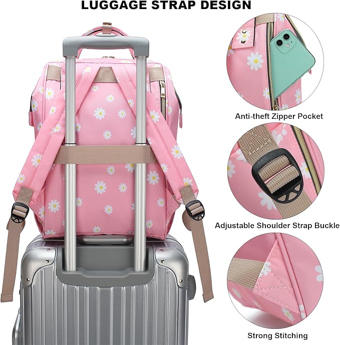 Flowers Laptop Backpack College School Backpack Bookbags Nurse Backpacks Travel Bags for Women Girls Fits 15.6 Inch Notebook (Daisy Pink)