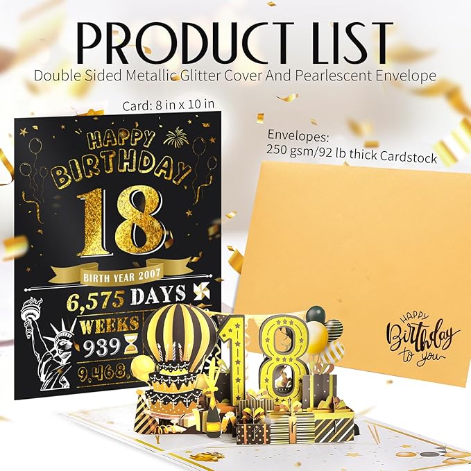 18th Birthday Card for Girls Boy, Jumbo Pop Up Funny 18th Birthday Cards for Son Daughter, Happy 18th Birthday Decorations for 18 Year Old Boys Girl Funny Birthday Gifts, Review of 2007, Black Gold