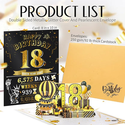 18th Birthday Card for Girls Boy, Jumbo Pop Up Funny 18th Birthday Cards for Son Daughter, Happy 18th Birthday Decorations for 18 Year Old Boys Girl Funny Birthday Gifts, Review of 2007, Black Gold