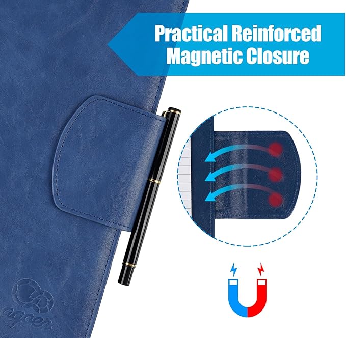 A4 Leather Portfolio Professional Organizer Padfolio,Interview Resume Folder with Magnetic Cover,Conference Document Organizer with Papers,Sticky Tabs,Pen,Work Folio for Women & Man,Retro Blue
