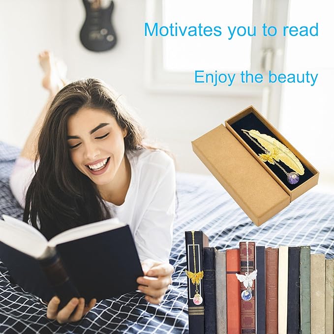 Metal Feather Butterfly Bookmark - Ideal Retirement, Birthday, and Teacher Gifts for Women, Readers, and Book Lovers (Golden.Pink White Flower)