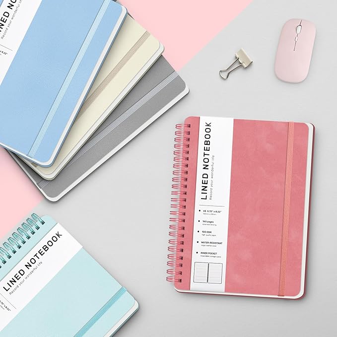 Light Red Lined Spiral Journal Notebook with 160 Pages, 8×5.7in, A5 Spiral Notebook, Journaling Notebooks for Work, School, Women, Men, College Ruled Spiral Notebook, Hardcover Leather Journals