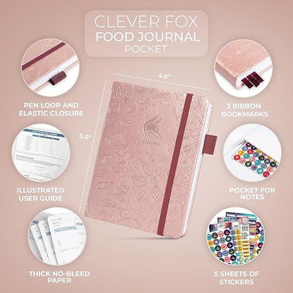 Clever Fox Food Journal Pocket - Daily Food Diary, Meal Planner to Track Calories & Nutrients, Weight Loss Tracker Notebook, 4x5.5” (Rose Gold)