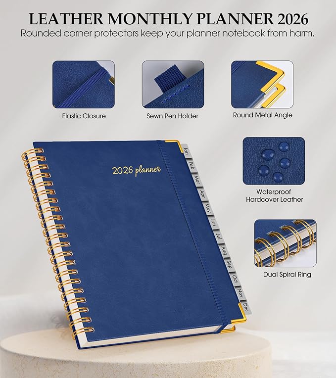 2026 Planner, Weekly and Monthly Calendar Planner from January 2026 - December 2026, 8.5" x 11" Hardcover Leather Hourly Appointment Book with Tabs, Spiral Daily Planners for College School Work Home, Navy