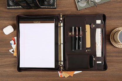 Portfolio Binder 3 Ring, Leather Binder Portfolio Folder for Left-Handed, Zippered Portfolio Padfolio Binder for Women, Leather Portfolio Organizer for Men (Dark Brown, Non-Custom)