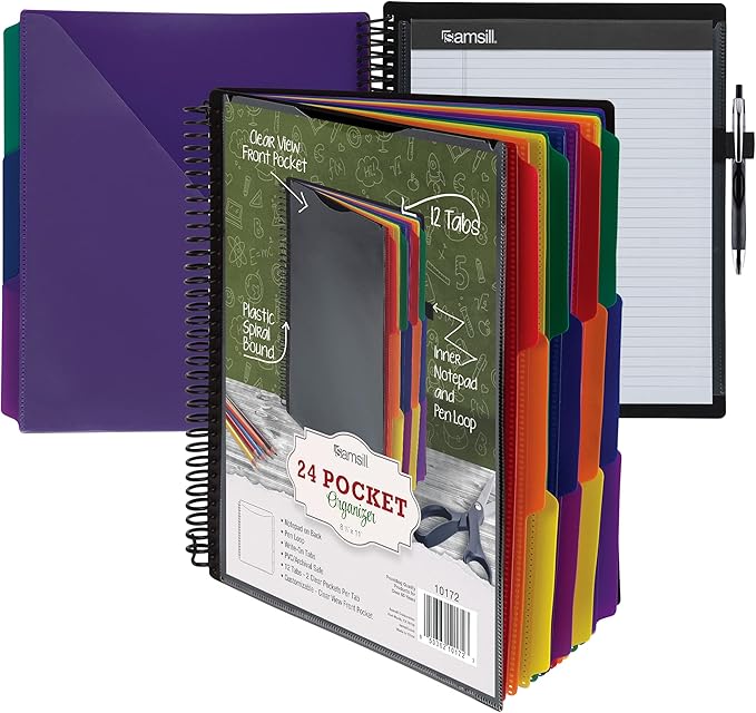 Samsill Deluxe 24 Pocket Spiral Project Organizer with Refillable Notepad Holder, Customizable Front Cover, 12 Dividers with Erasable Write-On Tabs in Assorted Colors, Plastic Folders with Pockets