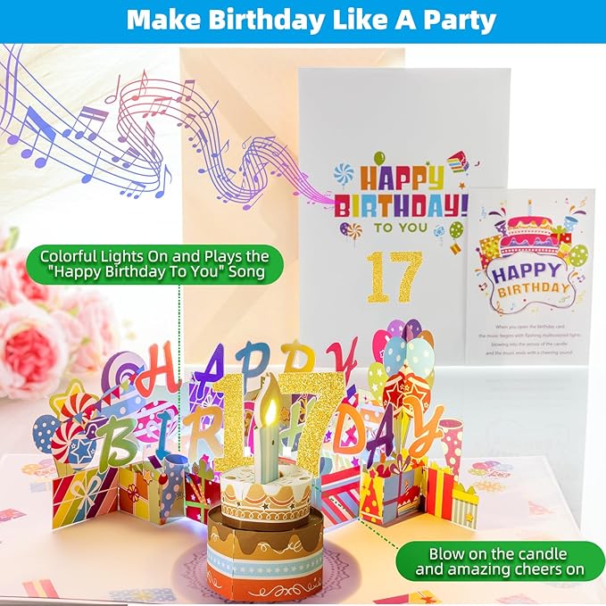 Gumry 17TH Birthday Card, Blowable Musical Birthday PopUp Card with LED Light Candle Song 'Happy',17th Birthday Decorations,17th Birthday Gifts for 17 Years Old Girls Boys Teens Son Daughter