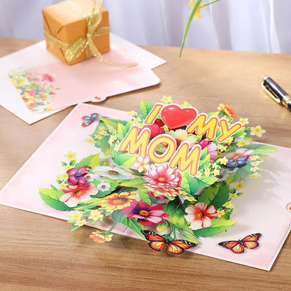 I Love My Mom Pop Up Card Mothers Day, Happy Mothers Day Pop Up Card, 3D Flower and Butterfly Greeting Cards Gift For Mom, Wife, Mother in law All Occasion, 8" X 6" With Envelope and Note Tag