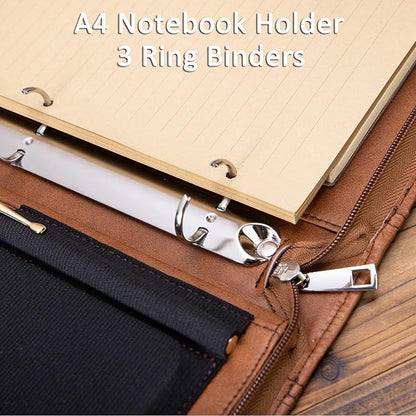 Personalized Leather Portfolio with 3 Ring Binder, Vegan Leather Padfolio Zippered, A4 Notebook Holder Customized Business Folder Organizer Gift for Men and Women, Brown