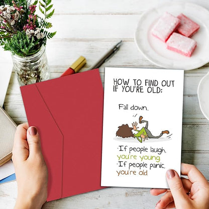 Funny Birthday Card for Him Her, Hilarious Birthday Cards for Men Women, Snarky Humour Birthday Card for Friends, How to Find Out If You're Old, Fall Down...