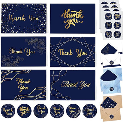 Decorably 24 Pack Gold-Foiled 6x4in Blue and Gold Thank You Cards with Envelopes and Stickers, 24 Stylish Designs Navy Thank You Cards, Blank Inside - Birthday, Wedding, Anniversary