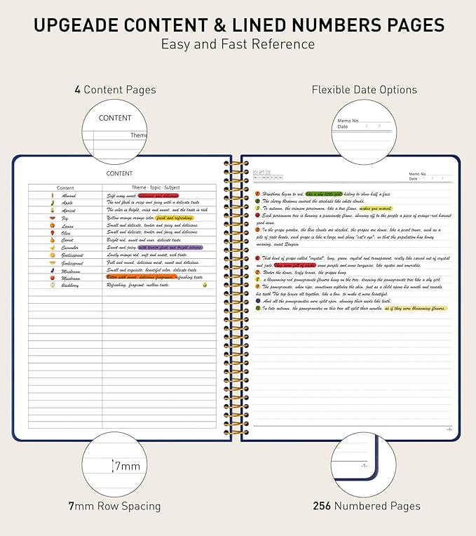 A4 Spiral Notebook Journal 8.5” x 11”, 256 Numbered Pages Hardcover Leather Journals for Women Men, Large Lined College Ruled Notebooks, 100GSM Thick Paper, Spiral Bound Journal for Work School, Navy