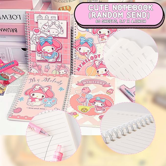 Cute School Supplies Anime Stationery Gift Set Includs Gel Pens, Journal Notebook, 50 Stickers, Pencil Case, Kawaii Stationery Set, Back to School Gift(Pink)