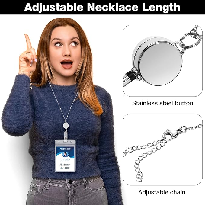 Outus 2 Pieces Badge Lanyard with ID Holders Stainless Steel Badge Holders Necklace Retractable Reel Clip Chain Water Resistant Name(Black, Silver)