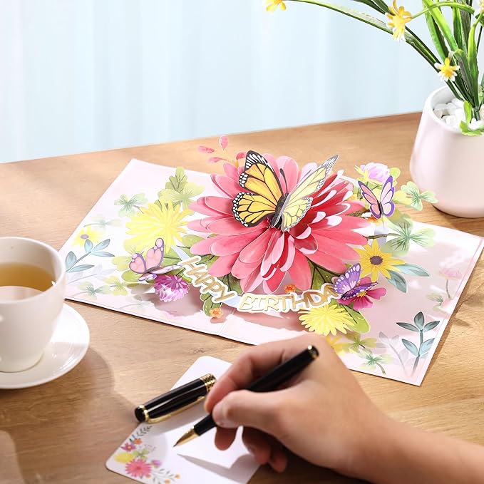 Pop Up Birthday Cards For Women&Wife, Beautiful Flowers and Monarch Butterfly, Elegant, Floral 3D Happy Birthday Greeting Cards, Ideal Gift for Mom, Sister, Her, Grandma, Aunt, Daughter, Stepmother