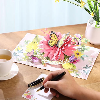 Pop Up Birthday Cards For Women&Wife, Beautiful Flowers and Monarch Butterfly, Elegant, Floral 3D Happy Birthday Greeting Cards, Ideal Gift for Mom, Sister, Her, Grandma, Aunt, Daughter, Stepmother