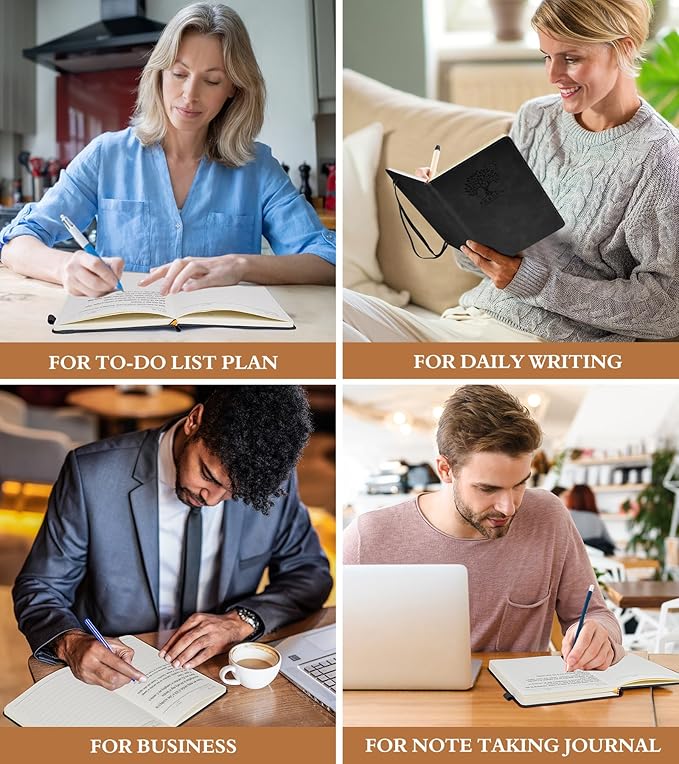 Lined Journal Notebook for Women and Men,Hardcover Leather Journaling Notebook for Writing, Travel, Business, Work and School,200 Pages A5 Notebook for Note Taking, Diary 5.9" × 8.5" - Black