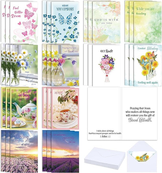 36 Sets Christian Get Well Soon Cards with Scripture Assorted Religious Bible Verse Wishing You Well Greeting Cards with Envelope(Floral Design)
