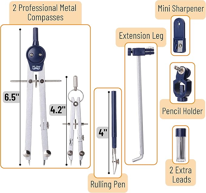 Mr. Pen- Professional Geometry Set Metal Compass, 7 pcs, Geometry Precision Tool Set with Shatterproof Storage Box, Drafting Tools & Drafting Kits, Circle Drawing Tools for Engineers Students